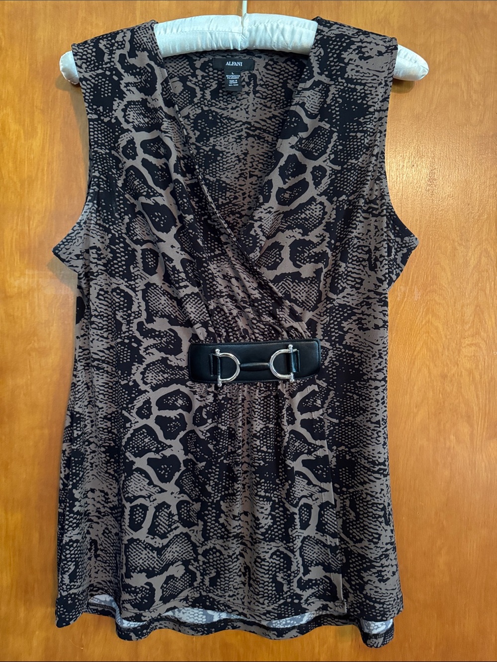Alfani Black and Brown Sleeveless Snake Print Faux-Wrap Top